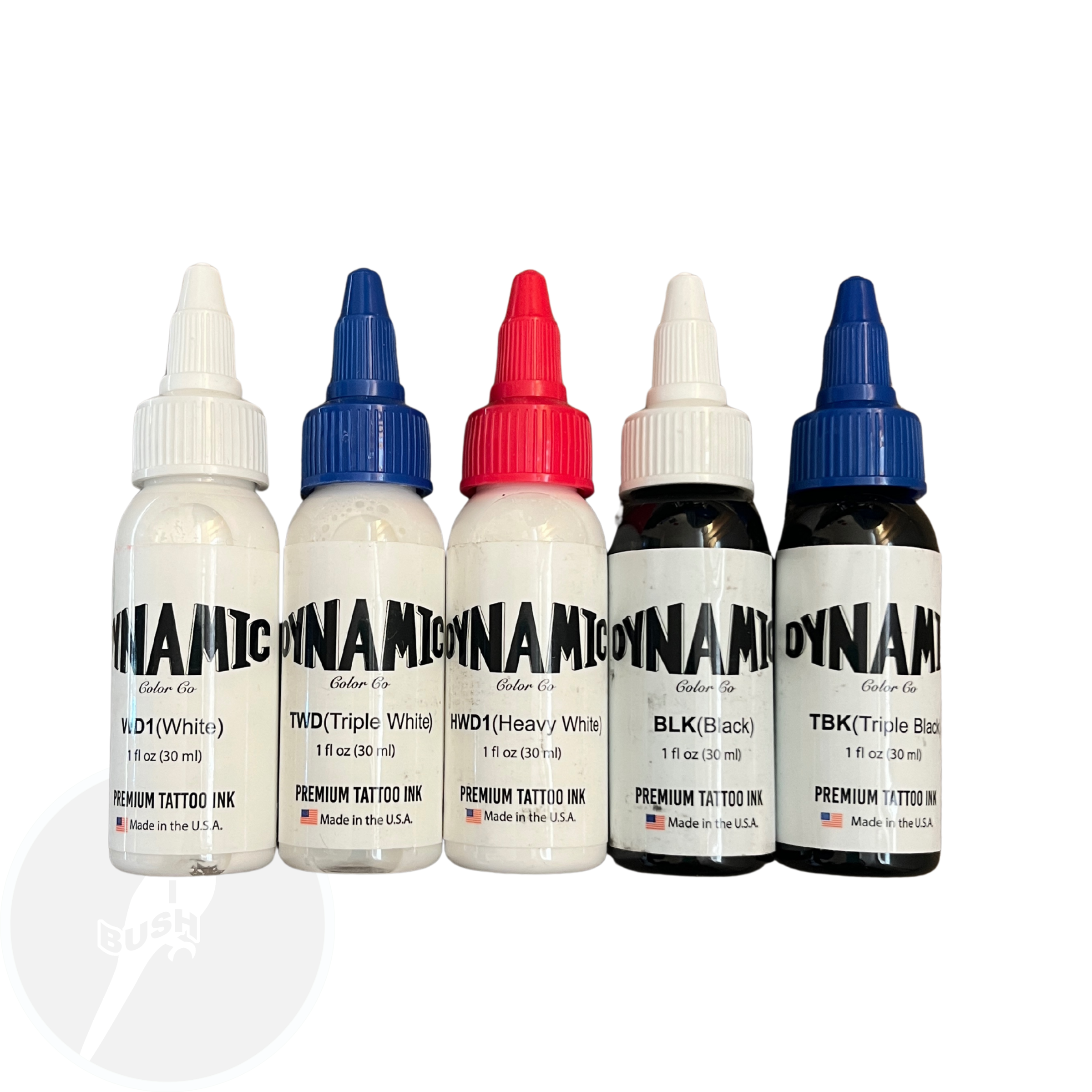 Dynamic Black, triple black, white, triple white and heavy white 1oz set- Mavis Bush Tattoo Supplies