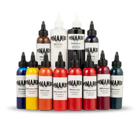 Dynamic OG color set 4oz - Color set of 4oz bottles includes (Burgundy Red, Fire Red, Chinese Red, Green, Blue, Orange, Canary Yellow, Brown, Magenta and Violet plus 1 - 8oz bottle of Black and White by Mavis Bush Tattoo Supplies