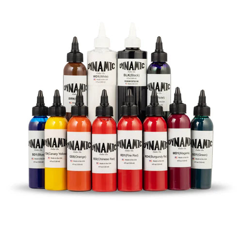 Dynamic OG color set 4oz - Color set of 4oz bottles includes (Burgundy Red, Fire Red, Chinese Red, Green, Blue, Orange, Canary Yellow, Brown, Magenta and Violet plus 1 - 8oz bottle of Black and White by Mavis Bush Tattoo Supplies