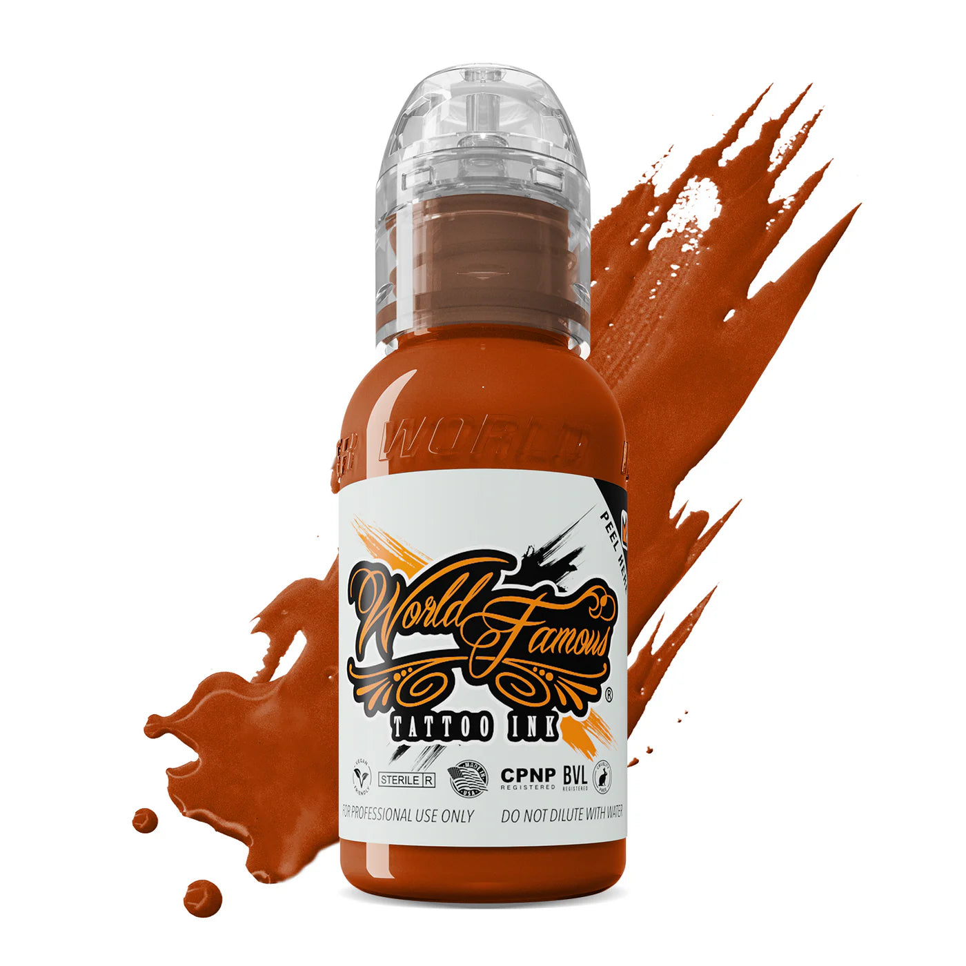burnt orange tattoo ink, warm orange ink, shading tattoo color, realistic tattoo pigments, long-lasting tattoo ink, autumn orange tattoo, World Famous Ink.