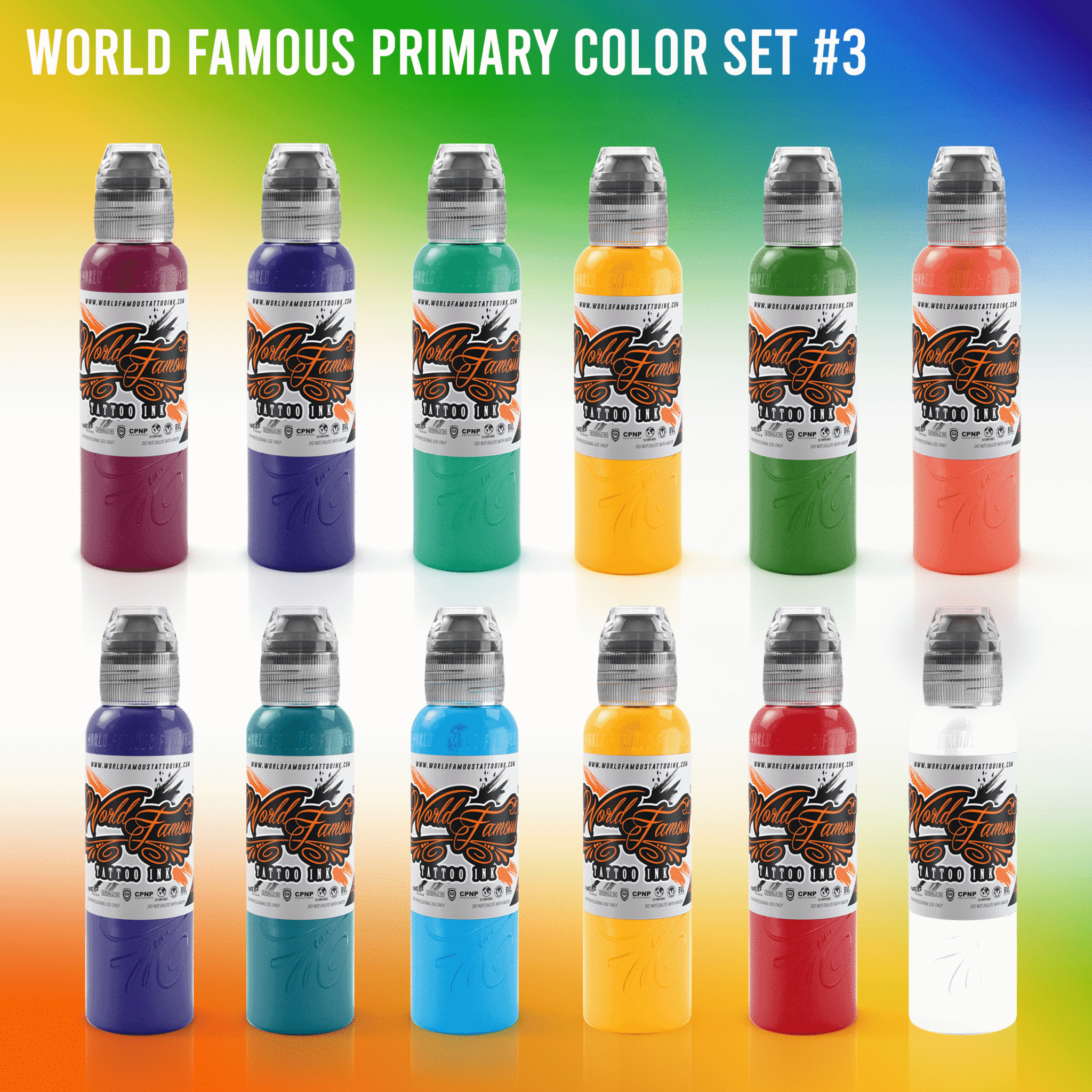 World Famous Primary Color Ink Set #3 1oz - Mavis Bush Tattoo Supplies