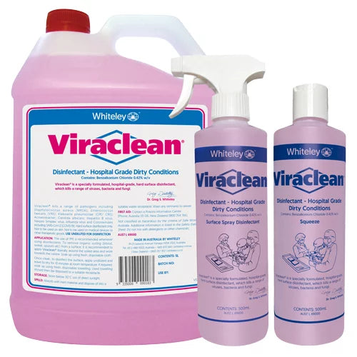Viraclean® Hospital Grade Disinfectant is a powerful solution proven to kill a wide range of bacteria and viruses, including Coronaviruses (SARS/COVID-19), influenza virus, hepatitis B group virus, VRE, and MRSA. It is widely used in hospitals across Australia and New Zealand. Notably, Viraclean® does not contain the biocide ingredient called Poly Hexa Methylene Biguanide (PHMB). Safe for various surfaces, it ensures effective disinfection without compromising material integrity 