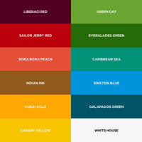 A 12-color swatch grid with labeled color names, including Liberaci Red, Green Day, Sailor Jerry Red, Everglades Green, Bora Bora Peach, Caribbean Sea, Indian Ink, Einstein Blue, Dubai Gold, Galapagos Green, Canary Yellow, and White House - Mavis Bush Tattoo Supplies