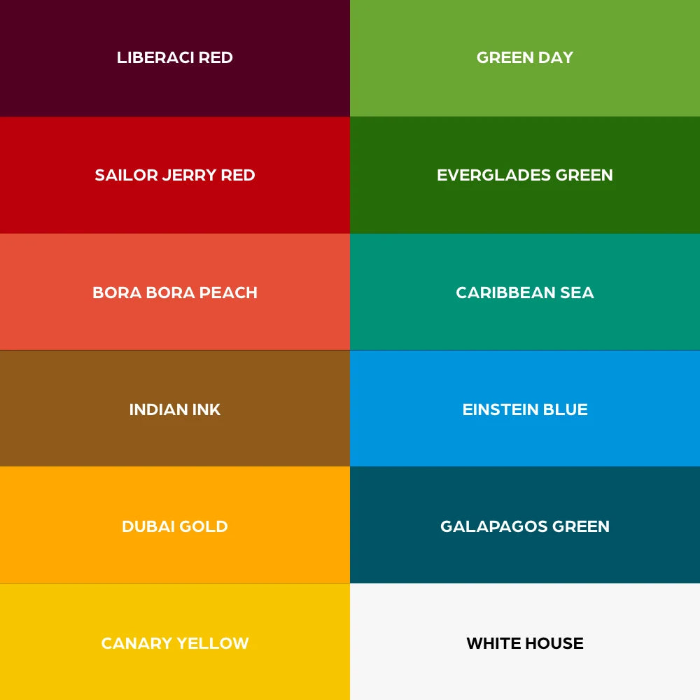 A 12-color swatch grid with labeled color names, including Liberaci Red, Green Day, Sailor Jerry Red, Everglades Green, Bora Bora Peach, Caribbean Sea, Indian Ink, Einstein Blue, Dubai Gold, Galapagos Green, Canary Yellow, and White House - Mavis Bush Tattoo Supplies